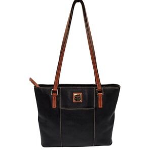 Dooney & Bourke Black Pebble Leather Tote Bag Shoulder Bag‎ Purse Tan Accents
